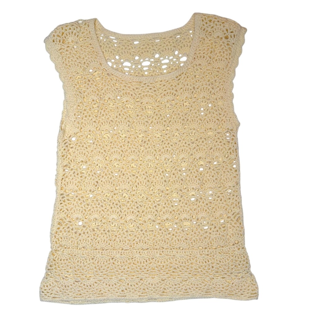 Vintage Handmade Crochet Tank‎ Top Pastel Yellow Open Knit Boho Cottagecore Sz S